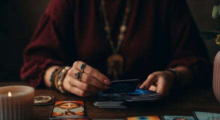 Fototapeta premium Female hands clutch tarot cards with candle light for mystical fortune telling