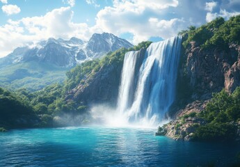 Fototapeta premium Majestic Waterfall Cascading Down Rocky Cliffs Surrounded by Lush Greenery and Mountain Peaks Under a Bright Blue Sky in a Picturesque Natural Landscape
