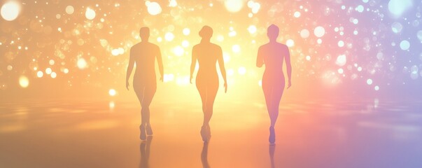 Three figures walking in soft golden light.