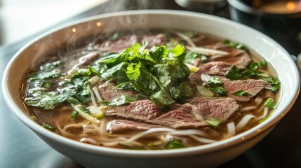 A steaming hot bowl of pho with thinly sliced beef, fresh herbs, and rice noodles in a flavorful broth.