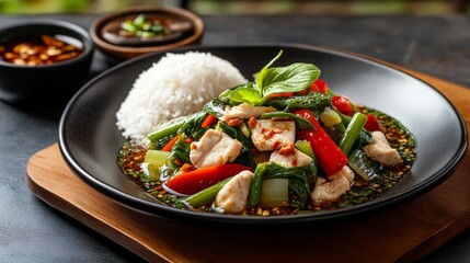 A steaming hot dish of Thai-style morning glory stir-fry, served with jasmine rice and a side of chili fish sauce.