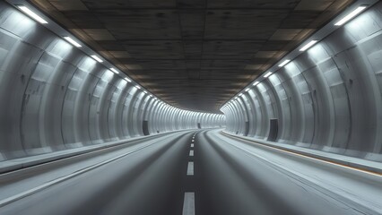 Obraz premium A modern tunnel featuring a sleek road illuminated by bright lights, creating an atmosphere of motion and perspective, ideal for conveying the concept of transportation and urban infrastructure. 