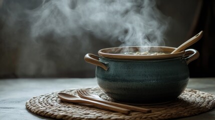 A stylish ceramic pot with steaming hot curry, placed on a woven placemat with wooden utensils.