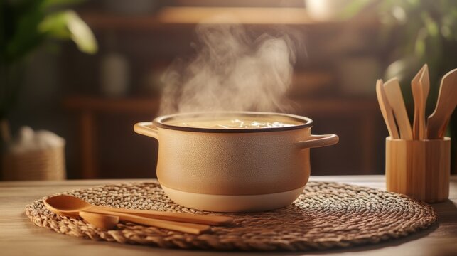 A stylish ceramic pot with steaming hot curry, placed on a woven placemat with wooden utensils.
