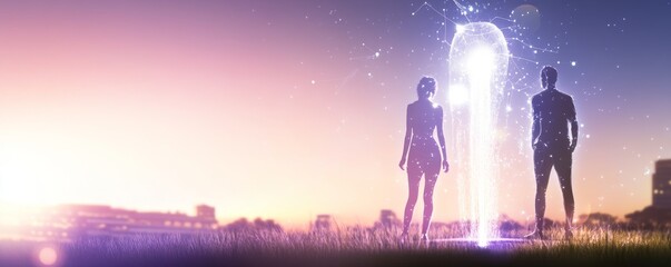Fototapeta premium Two figures contemplating a mystical portal.