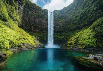 Majestic Waterfall Cascading into Clear Blue Pool Surrounded by Lush Greenery in a Scenic Natural Landscape with Dramatic Clouds Above