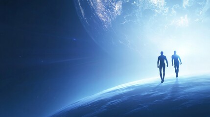 Fototapeta premium Two figures explore a cosmic landscape together.
