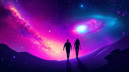 Fototapeta premium Two figures explore a vibrant cosmic landscape.
