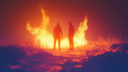 Fototapeta premium Two figures illuminated by flames in darkness.