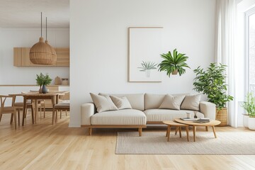 Living Room Interior Design with Sofa, Plants, and Wooden Furniture