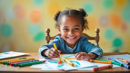 Child joyfully painting with crayons in a colorful classroom during an art activity