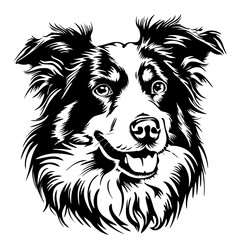 AUSTRALIAN shepherd dog Intricate black and white illustration of a fluffy dog with expressive eyes