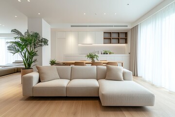 Obraz premium Modern Living Room Interior with Neutral Sofa and Open Kitchen Design