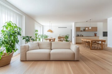 Modern Living Room with Beige Sofa Plants and Open Kitchen Design