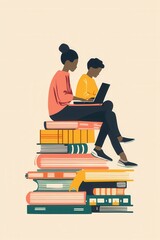 Two people studying together sitting on a stack of books