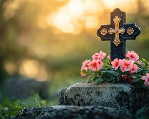 New Tombstone: Buried in a Public Cemetery with Space for Copy. Cross, Crypt and Golden Flowers Symbolizing Funeral