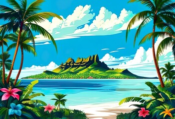 Obraz premium View of a green island in the azure sea from the shore, through tropical palm trees and exotic flowers, a bright summer sea banner, luxury vacation