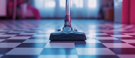 A modern vacuum cleaner glides over a checkerboard floor, illustrating domestic efficiency with a touch of sleek design and vibrant ambient colors.