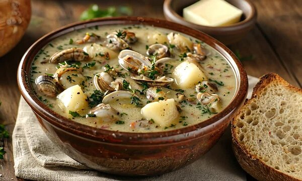 hearty clam chowder with fresh bread orbit left video