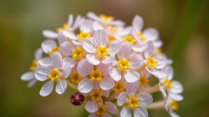 Obraz premium A close-up view of delicate pink and yellow flowers, showcasing their intricate petals and vibrant colors against a soft, natural background, capturing the beauty of nature in bloom. 
