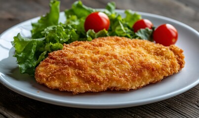 Golden Chicken Cutlet Served with Fresh Green Salad and Tomatoes