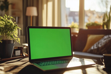 laptop is open on a table in a living room. The screen is green and the room is filled with plants