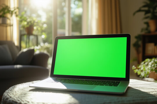 laptop with a green screen sits on a table in a living room. The room is filled with plants and has a cozy atmosphere