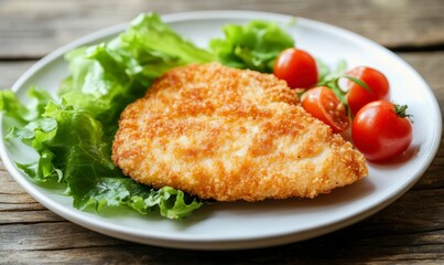 Serving Fried Chicken Cutlet with Fresh Salad and Cherry Tomatoes
