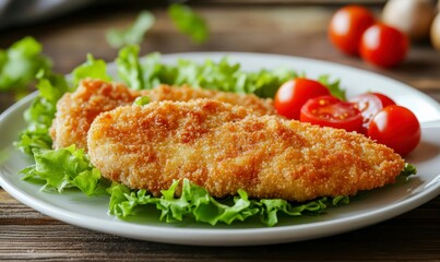 Breaded Chicken Cutlets Served on Lettuce with Cherry Tomatoes on Plate