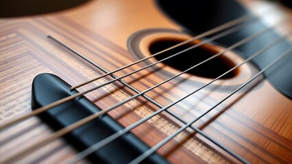 Fototapeta premium Close-up of an acoustic guitar showcasing intricate details of strings and wood, highlighting its craftsmanship and beauty. 