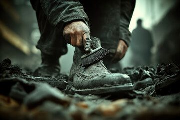 Worker cleaning a worn-out boot with a brush in a muddy, industrial environment, surrounded by dirt and debris, symbolizing hard labor, poverty, and resilience in harsh working conditions