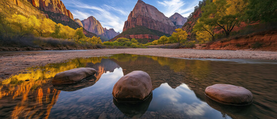 Serene landscape featuring towering mountains and a calm reflective river in foreground Smooth stones resting in water Autumn trees with yellow leaves complement scene