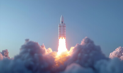 Rocket Launch Through Clouds in Bright Morning Sky with Flames