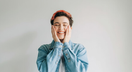Fototapeta premium Joyful young caucasian female smiling with hands on cheeks in denim jacket