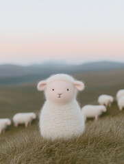 Fototapeta premium Lamb grazing peacefully among a flock of sheep in a tranquil sunset grassland