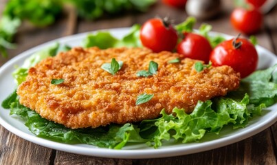 Golden Breaded Cutlet on Lettuce with Tomatoes on White Plate