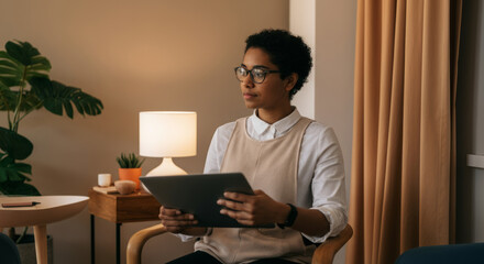 African female adult reading tablet in cozy home setting with plants and warm lighting