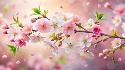 Fototapeta premium Delicate Pink and White Blossoms on a Branch with Falling Petals, a Serene Springtime Image