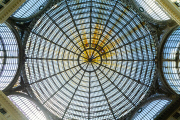 Galleria Umberto I dome showing intricate glass and metalwork in Naples, Italy