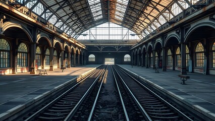 Fototapeta premium Wide-angle view of an empty train station showcasing elegant architecture, tracks leading into the distance, and beautiful sunlight filtering through large glass windows. 
