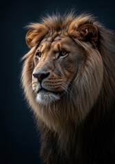 Fototapeta premium Portrait photography of a lion, with a dark blue background, in a minimalistic style