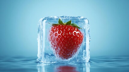 Strawberry in Ice Berry frozen for freshness with blue background. Food preservation idea