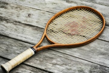 Old Fashioned Tennis Racket. Wooden Tennis Equipment Isolated on White Background