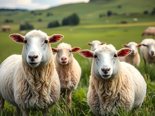 Obraz premium Fluffy Sheep in a Green Pasture.