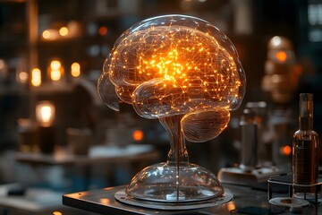 AI in Business Icon A glowing digital brain of interconnected circuits hovers over a futuristic workspace, symbolizing intelligence and innovation. Ideal for AI, future tech or digital transformation.