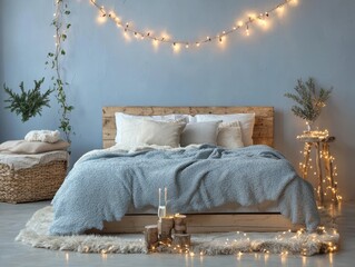 Cozy bedroom decorated with string lights and comfortable bedding displayed