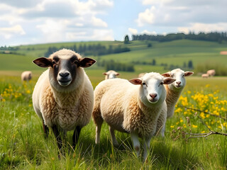 Fototapeta premium Fluffy Sheep in a Green Pasture