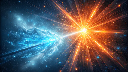 Bright radial light beams. Abstract background in blue and orange neon glow color. Light burst in universe. Space background for presentation, event, party, carnival, celebration, anniversary or other