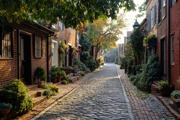 Fototapeta premium Old Town Alexandria: Historic Cobblestone Street with Charming Homes and Architecture