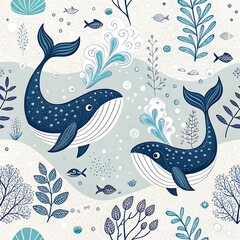 Adorable blue whales swimming in underwater ocean scene with aquatic plants sea art cute fish kids